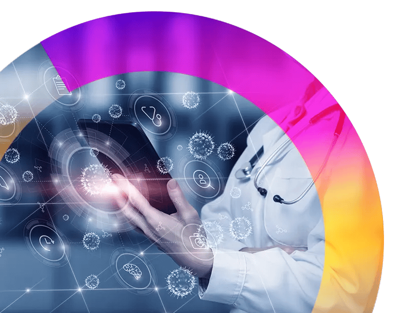 Person holding tablet with an overlay of medical icons and imagery inside Radiofilum Pharmaceutical 's iconic flywheel